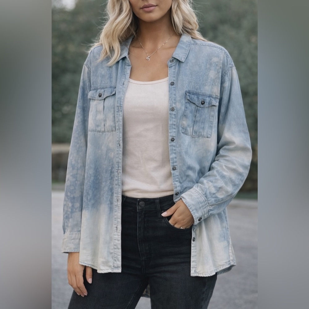Old Navy Custom Bleached Blue Denim Shirt Button Down Distressed Jean Dip Dye